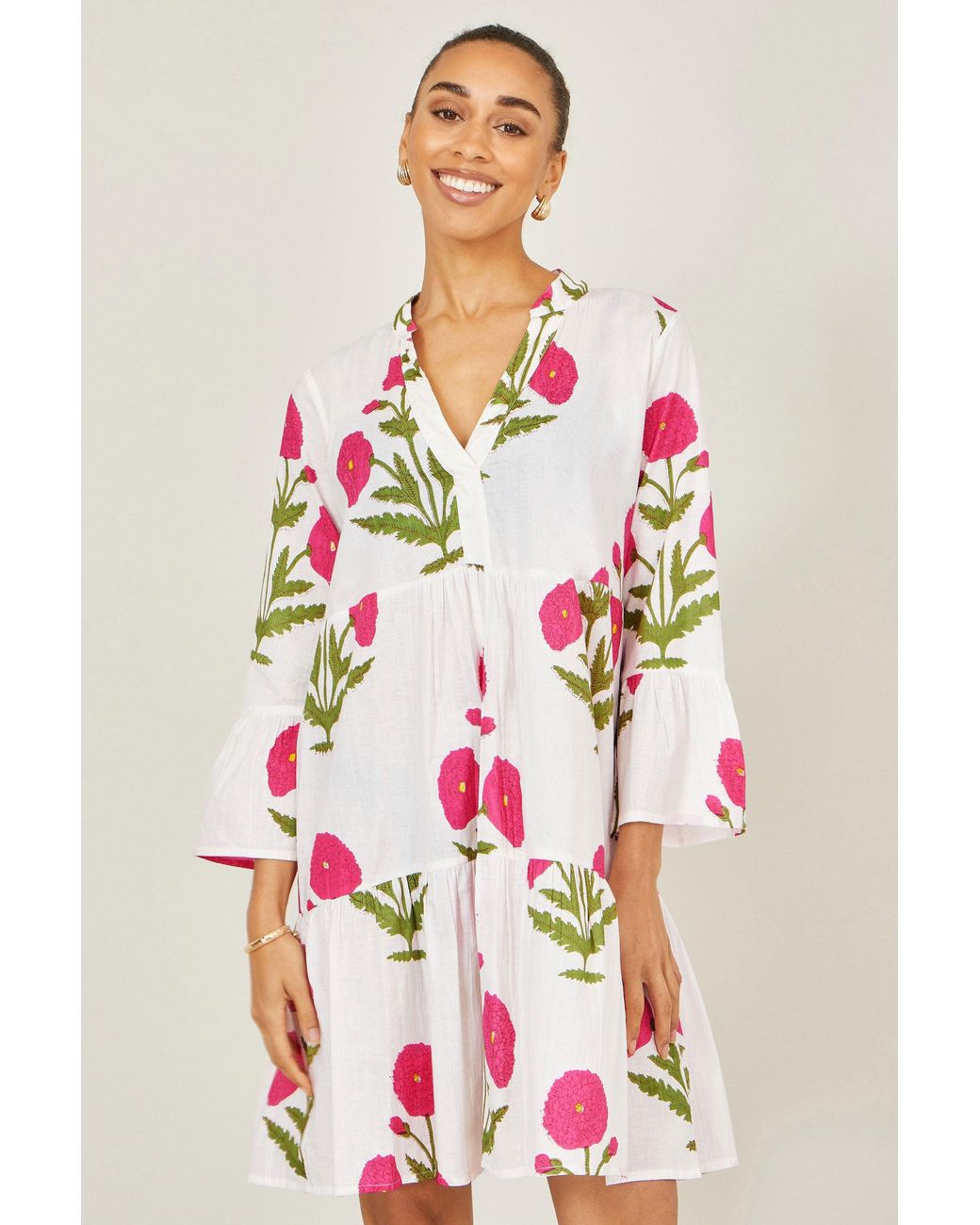 Yumi' White Cotton Floral Tunic