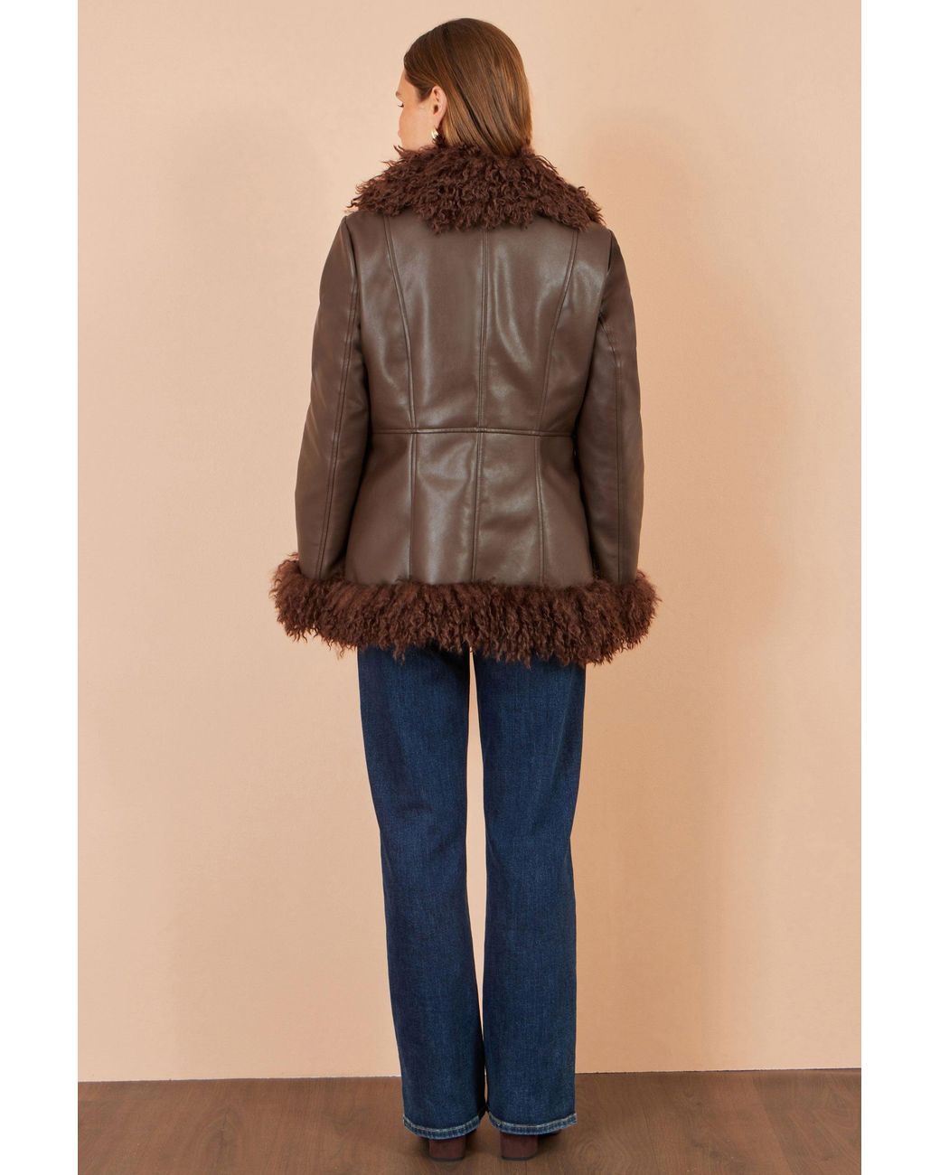 Yumi' Brown Faux Leather Coat With Faux Fur Trims