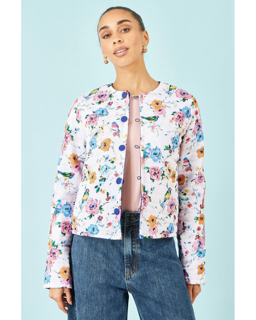 Yumi' Blue Floral Embroidery Cotton Jacket