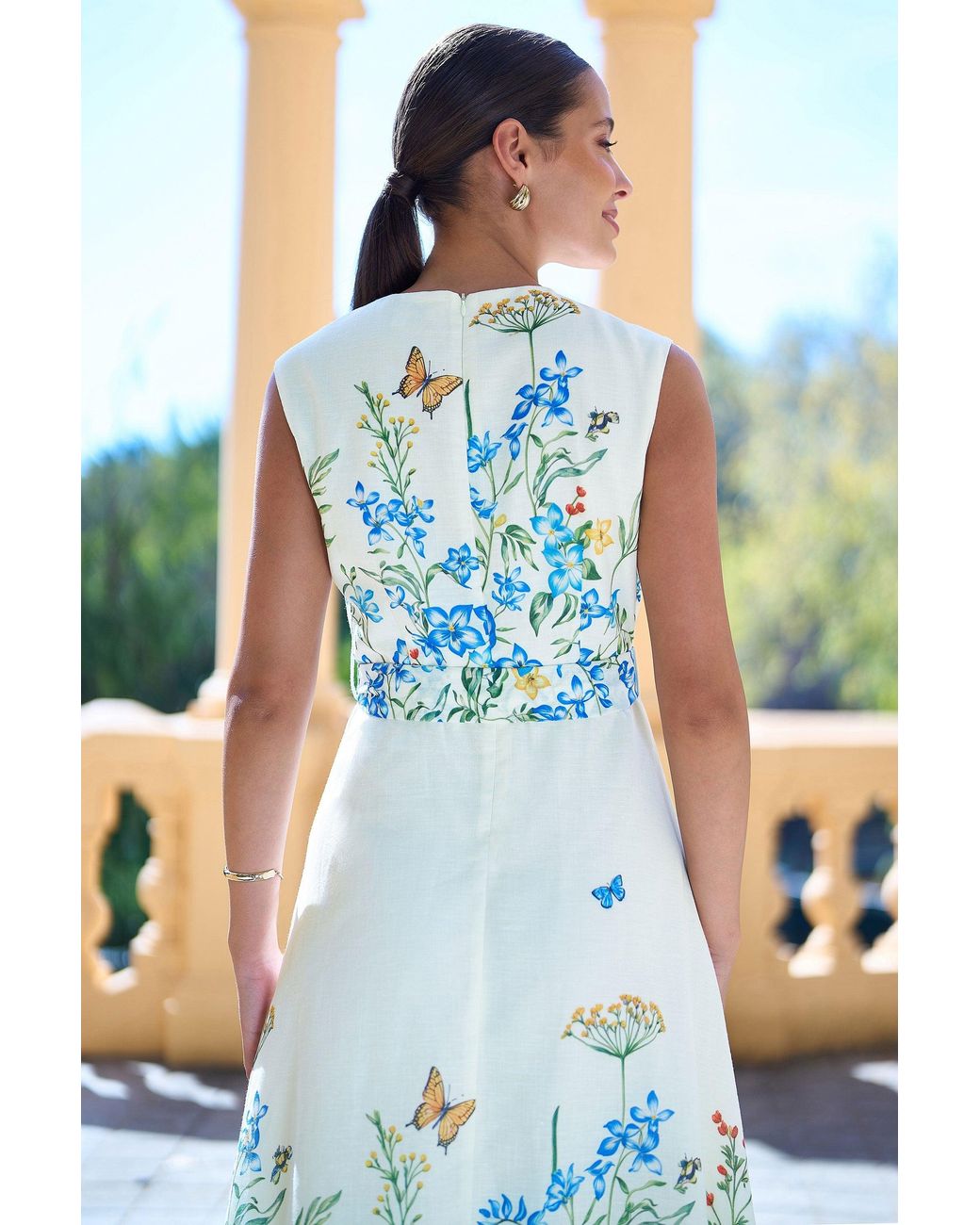 Yumi' Blue Butterfly Print Midi Wrap Dress