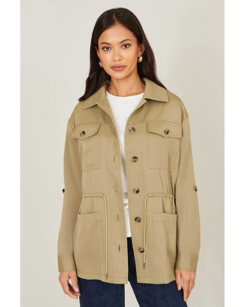 Yumi' Natural Utility Jacket With Drawstring Waist And Stripe Lining