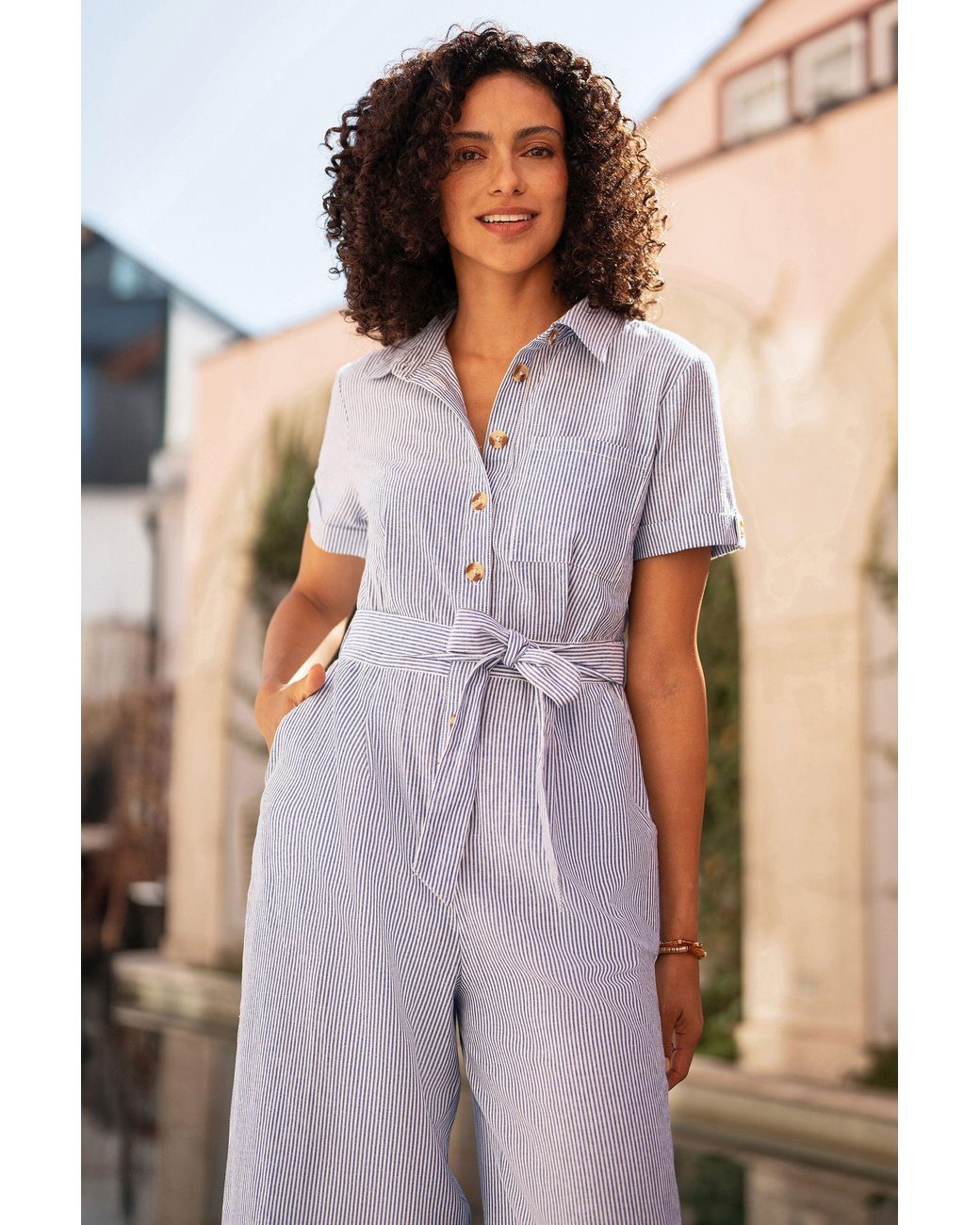 Yumi' Black Pinstripe Cotton Jumpsuit