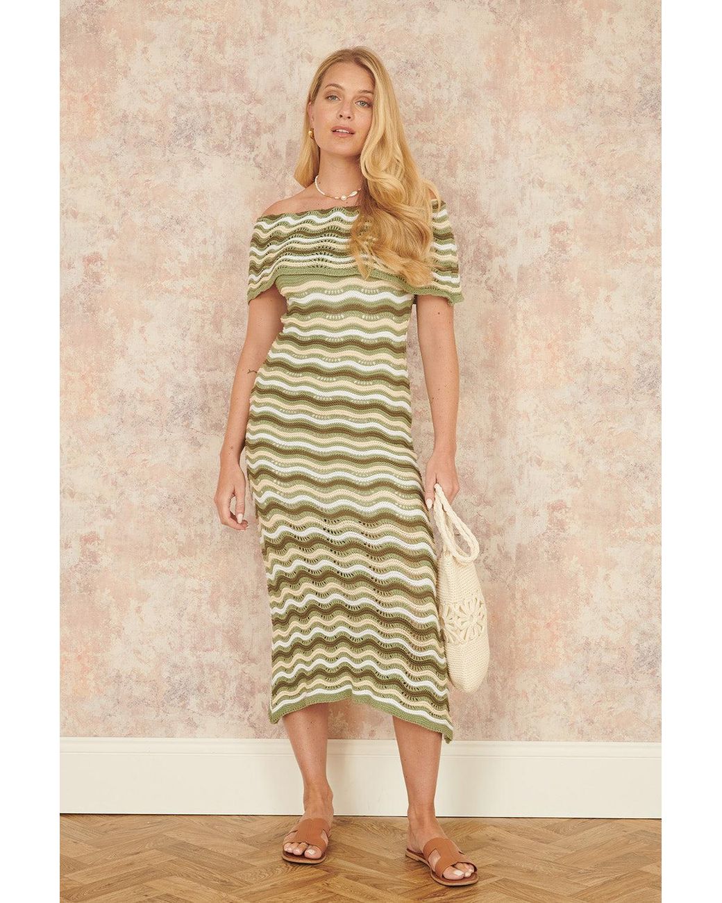 Yumi' Natural Stripe Crochet Knit Bardot Midi Dress