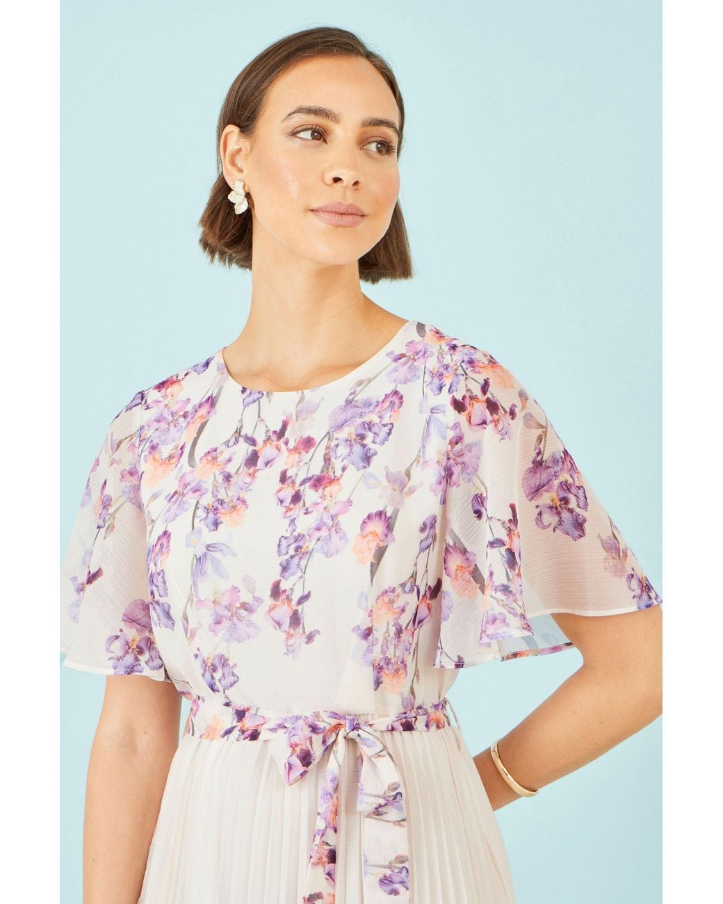 Yumi' White Ivory Floral Mirror Pleated Midi Dress