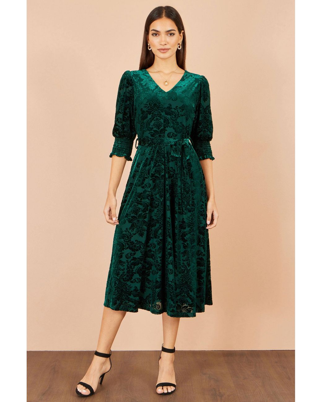 Yumi' Green Velvet Floral Midi Dress