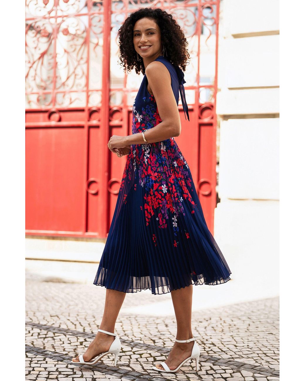 Yumi' Blue Border Floral Print Midi Dress With Pleats