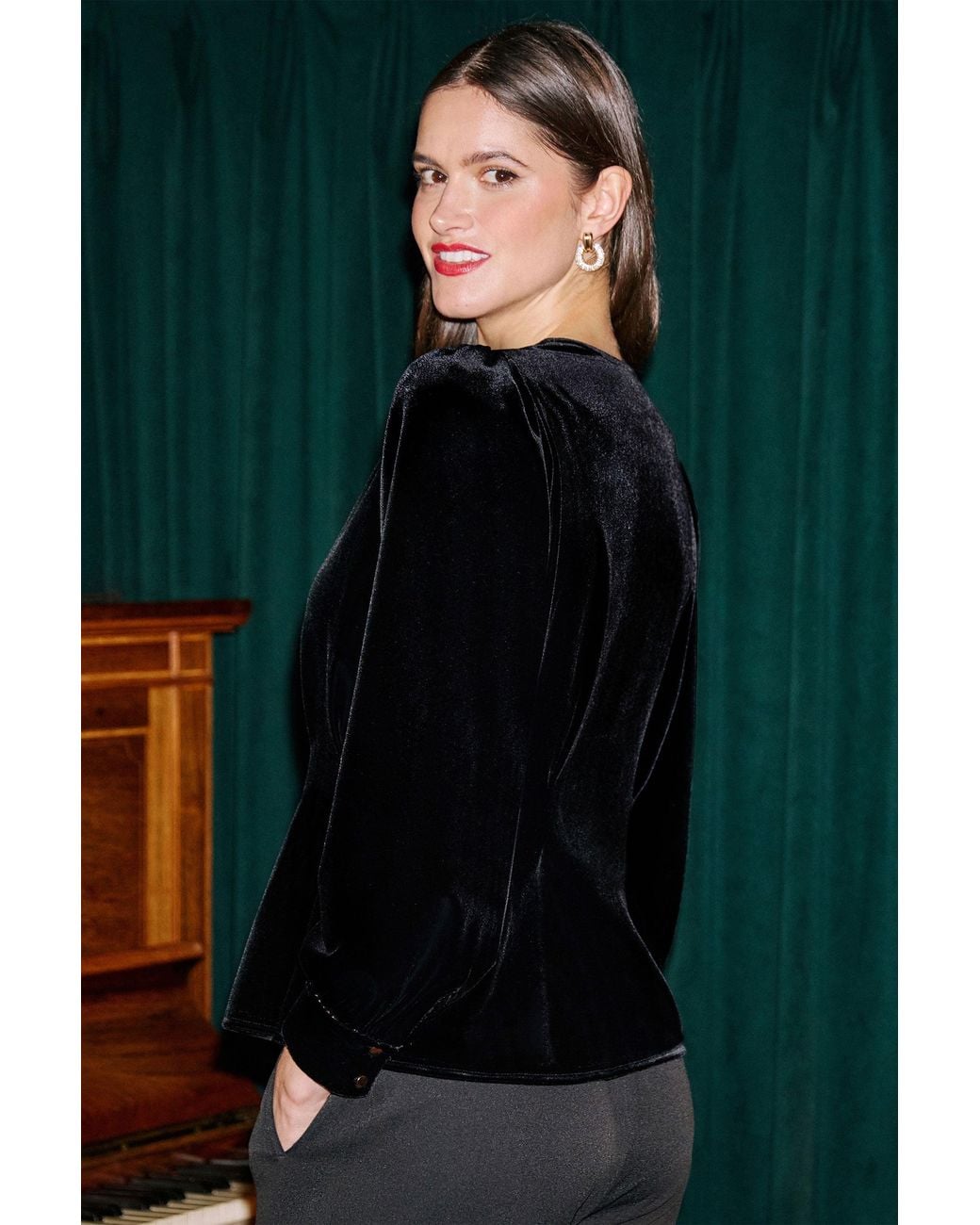 Yumi' Black Velvet Peplum Top With Bow Buttons