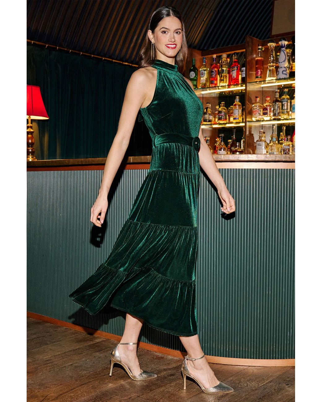 Yumi' Green Velvet Halter Maxi Dress With Belt