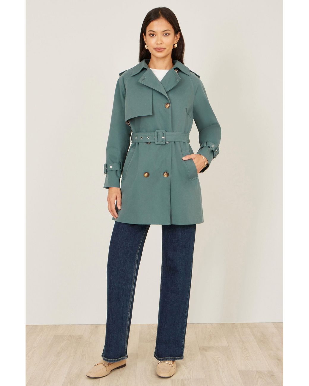 Yumi' Green Belted Trench Coat With Check Lining
