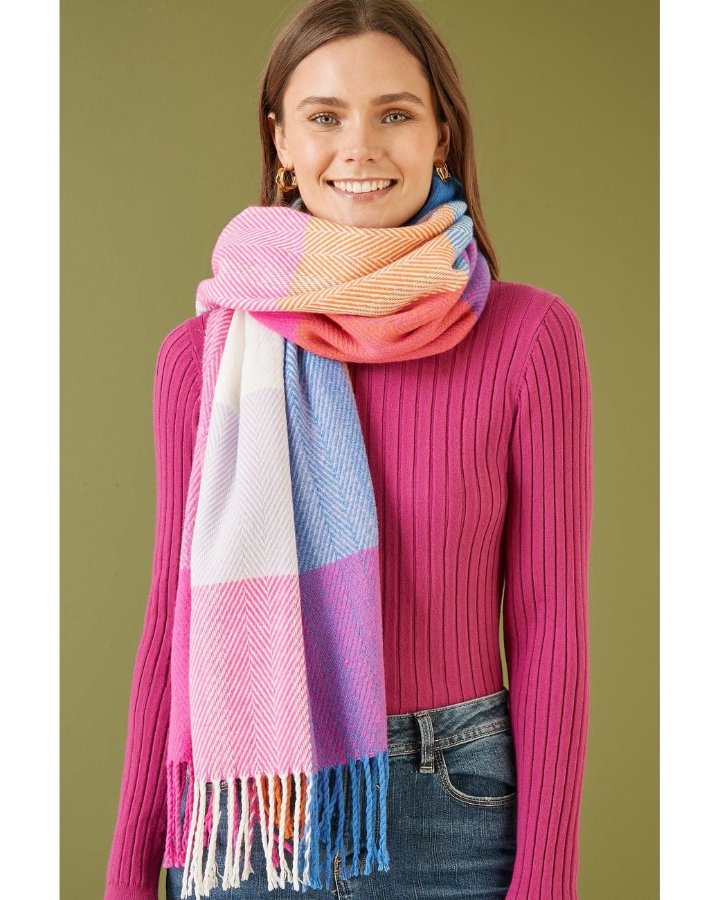 Yumi' Pink Multicolour Herringbone Oversize Scarf