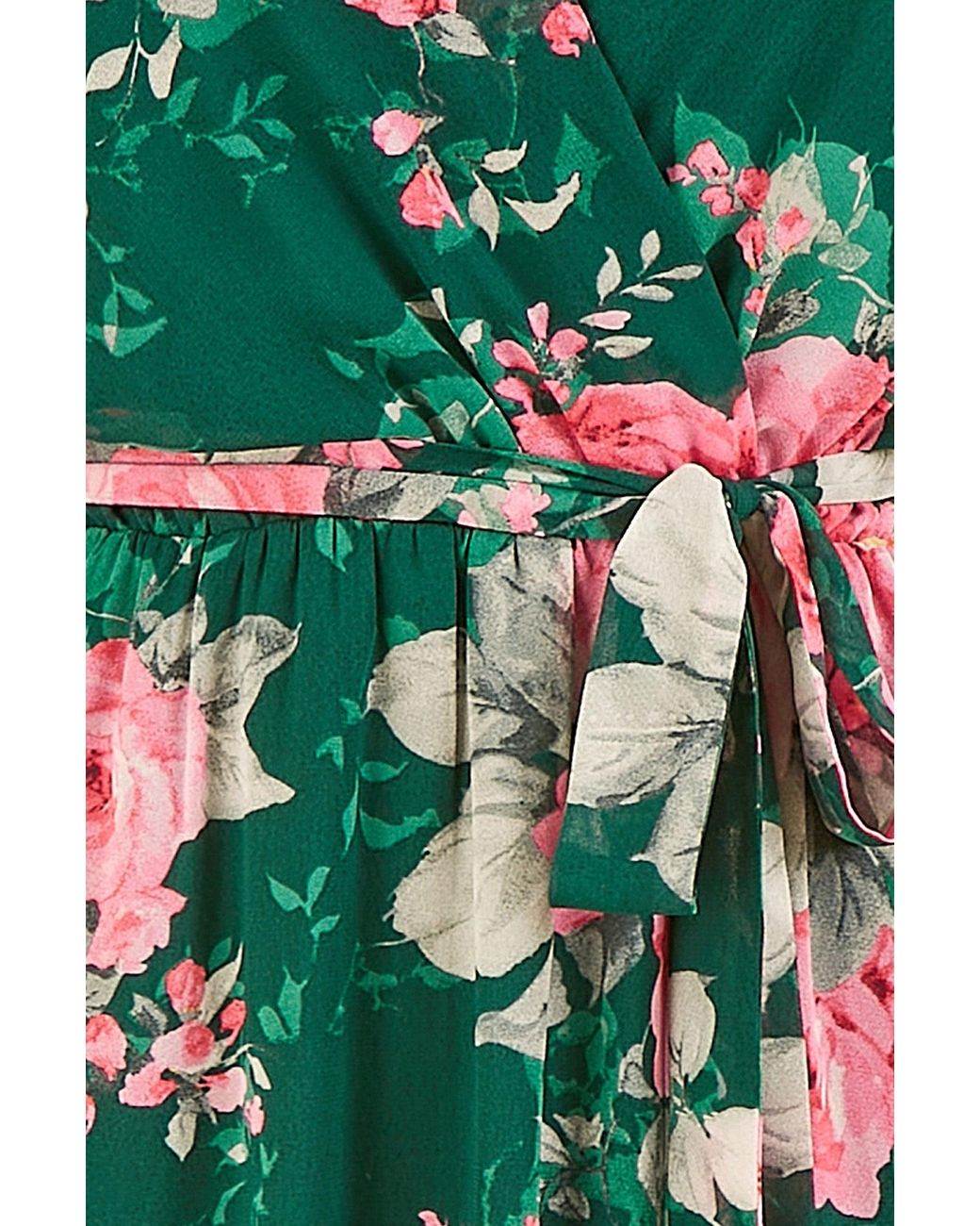 Yumi' Green Dark Kimono Sleeves Midi Dip Hem Wrap Midi Dress