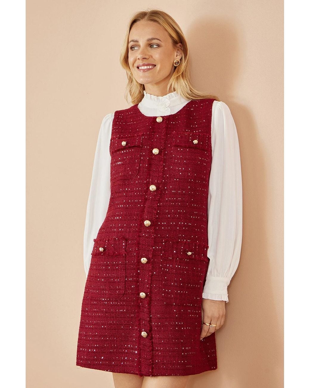 Yumi' Red Boucle Tunic Dress