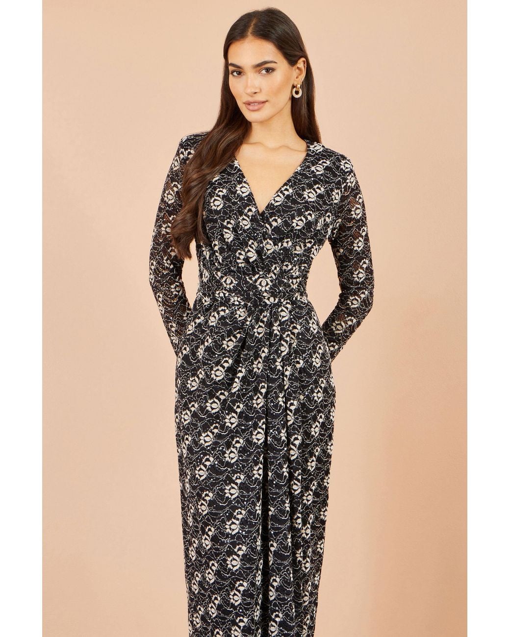 Yumi' Natural Brushed Lace Wrap Dress With Sequin
