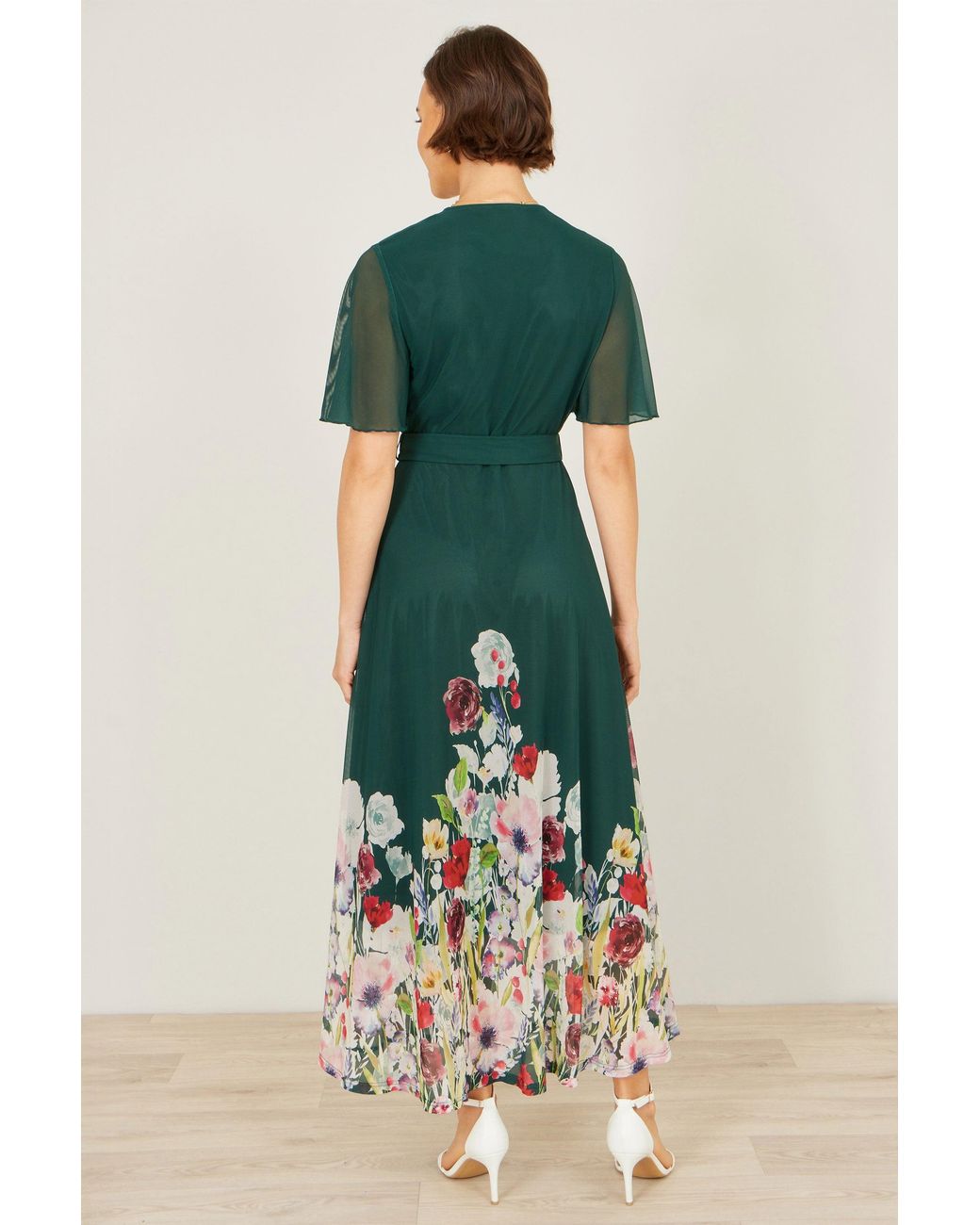 Yumi' Green Mesh Wrap Midi Dress With Floral Hem Border