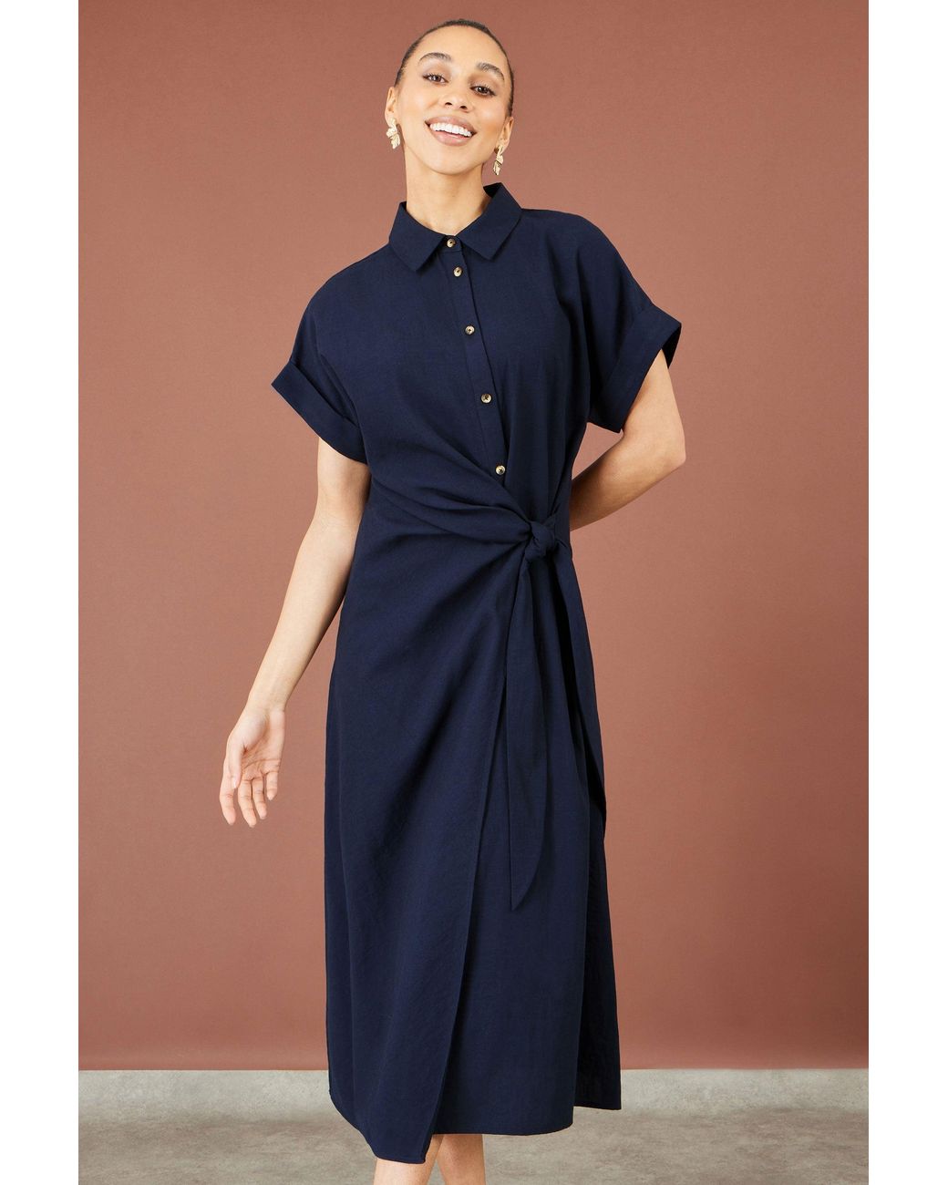 Yumi' Blue Wrap Tie Midi Shirt Dress