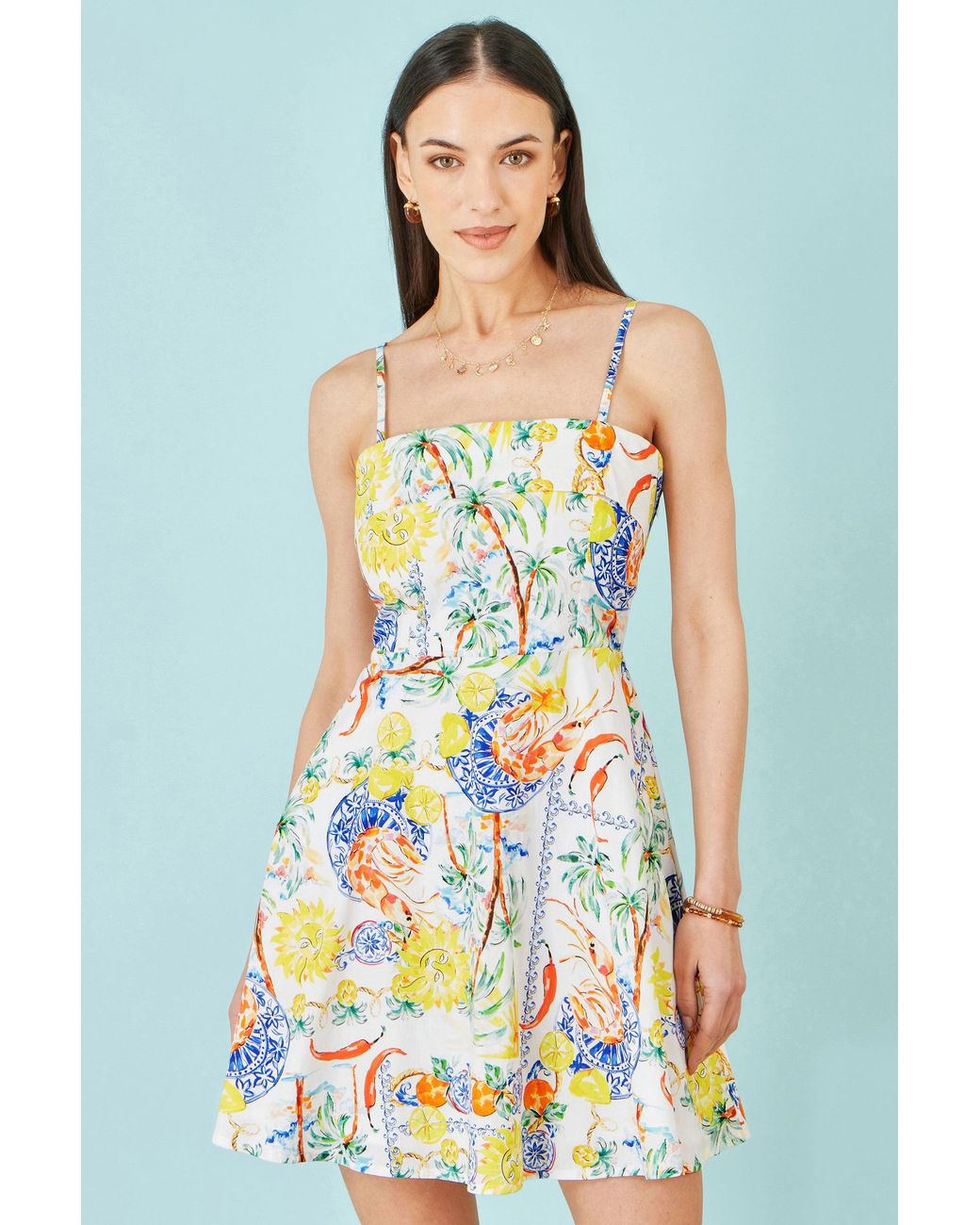 Yumi' Multicolor Mediterranean Print Cotton Mini Sun Dress