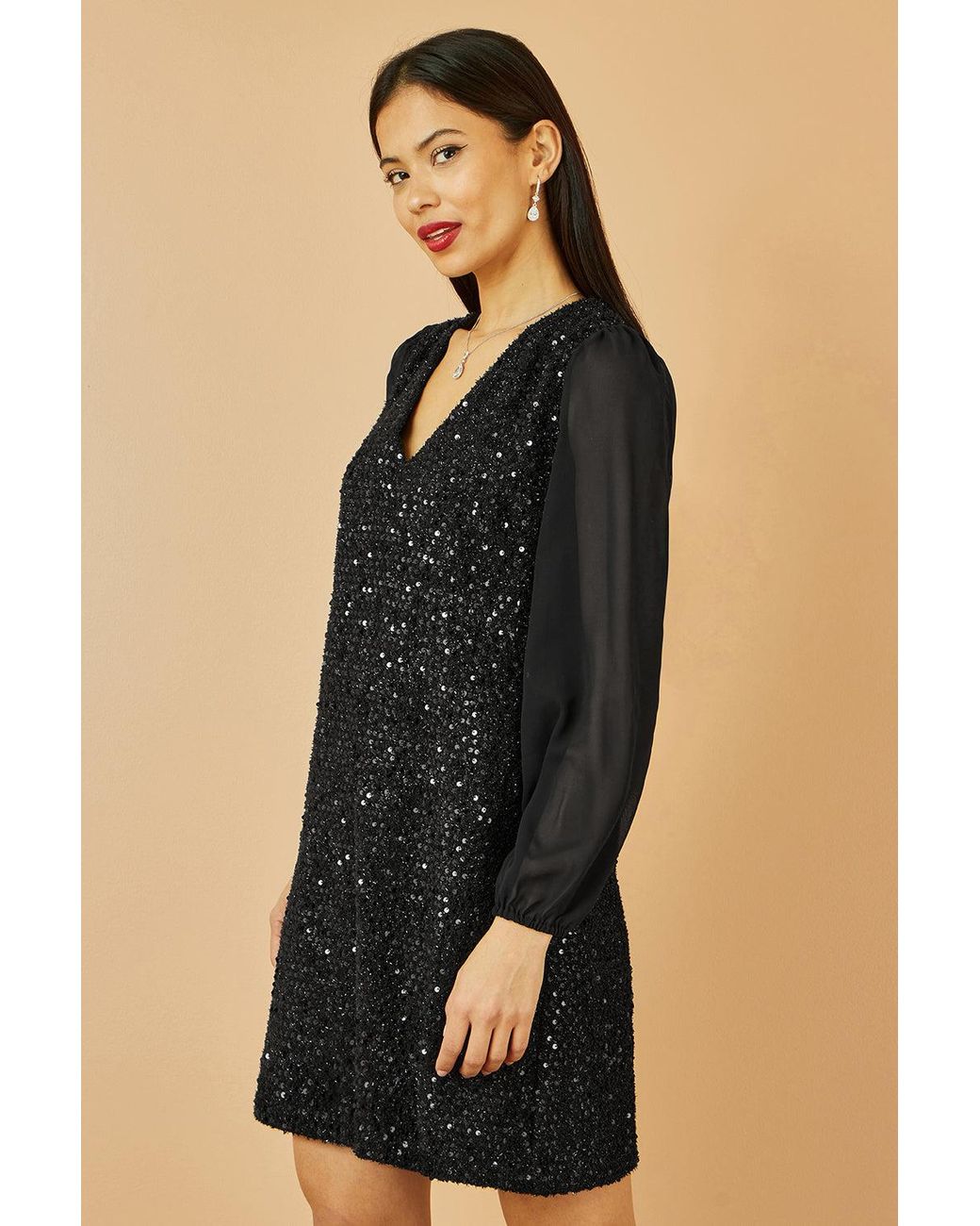 Yumi' Black Sequin Tunic With Tie Back And Sheer Sleeves
