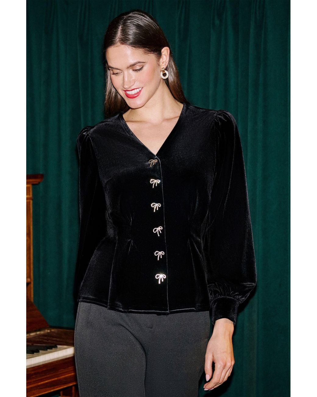 Yumi' Black Velvet Peplum Top With Bow Buttons