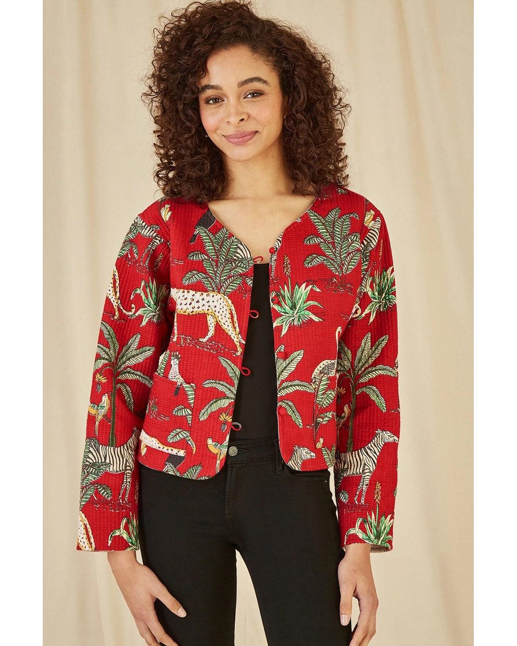 Yumi' Red Animal Print Reversible Cotton Cropped Quilted Jacket