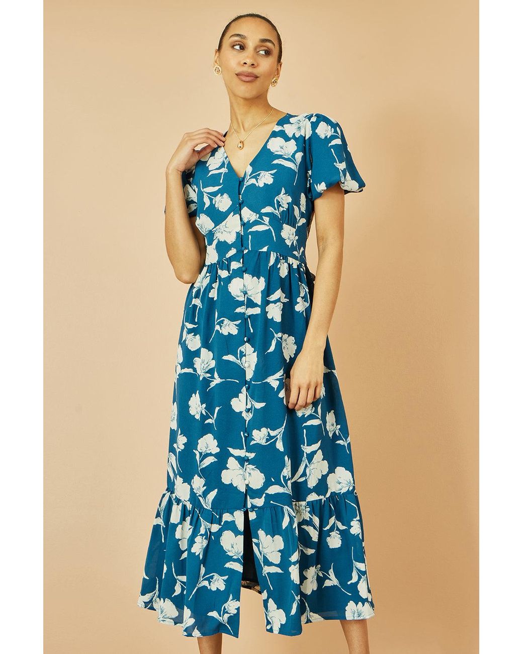 Yumi' Blue Floral Button Down Floral Midi Dress