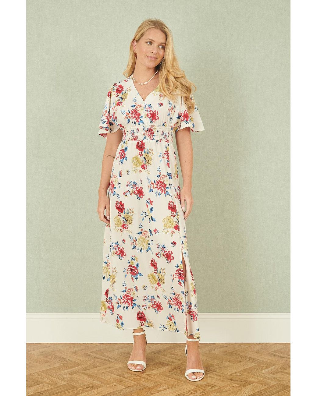 Yumi' White Floral Recycled Fabric Ruched Waist Midi Dress