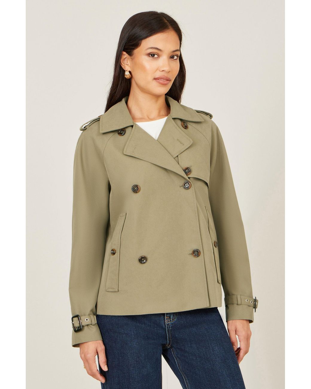 Yumi' Natural Cropped Trench Jacket With Pockets And Check Lining