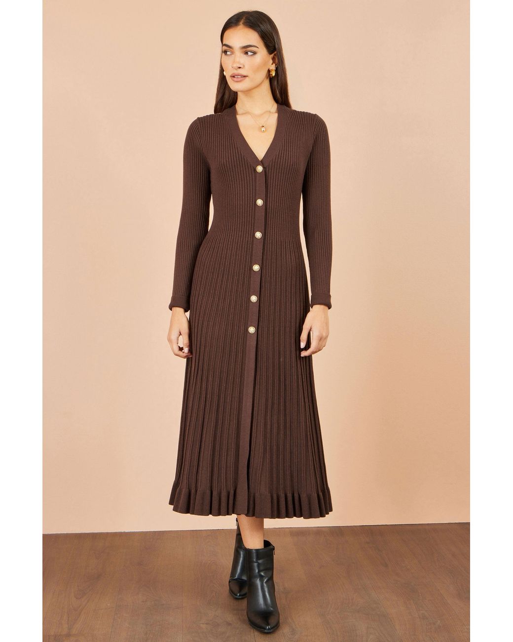 Yumi' Brown Viscose Knitted Midi Ribbed Dress