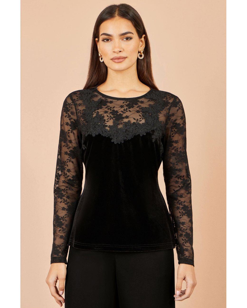 Yumi' Black Lace Applique Long Sleeve Top