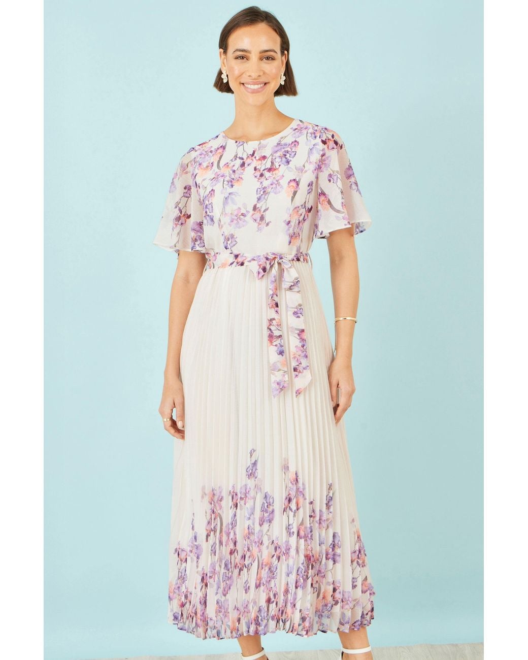 Yumi' White Ivory Floral Mirror Pleated Midi Dress
