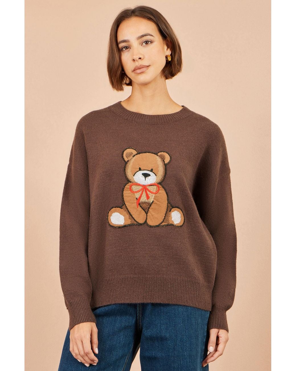 Yumi' Brown Teddy Bear Relaxed Jumper