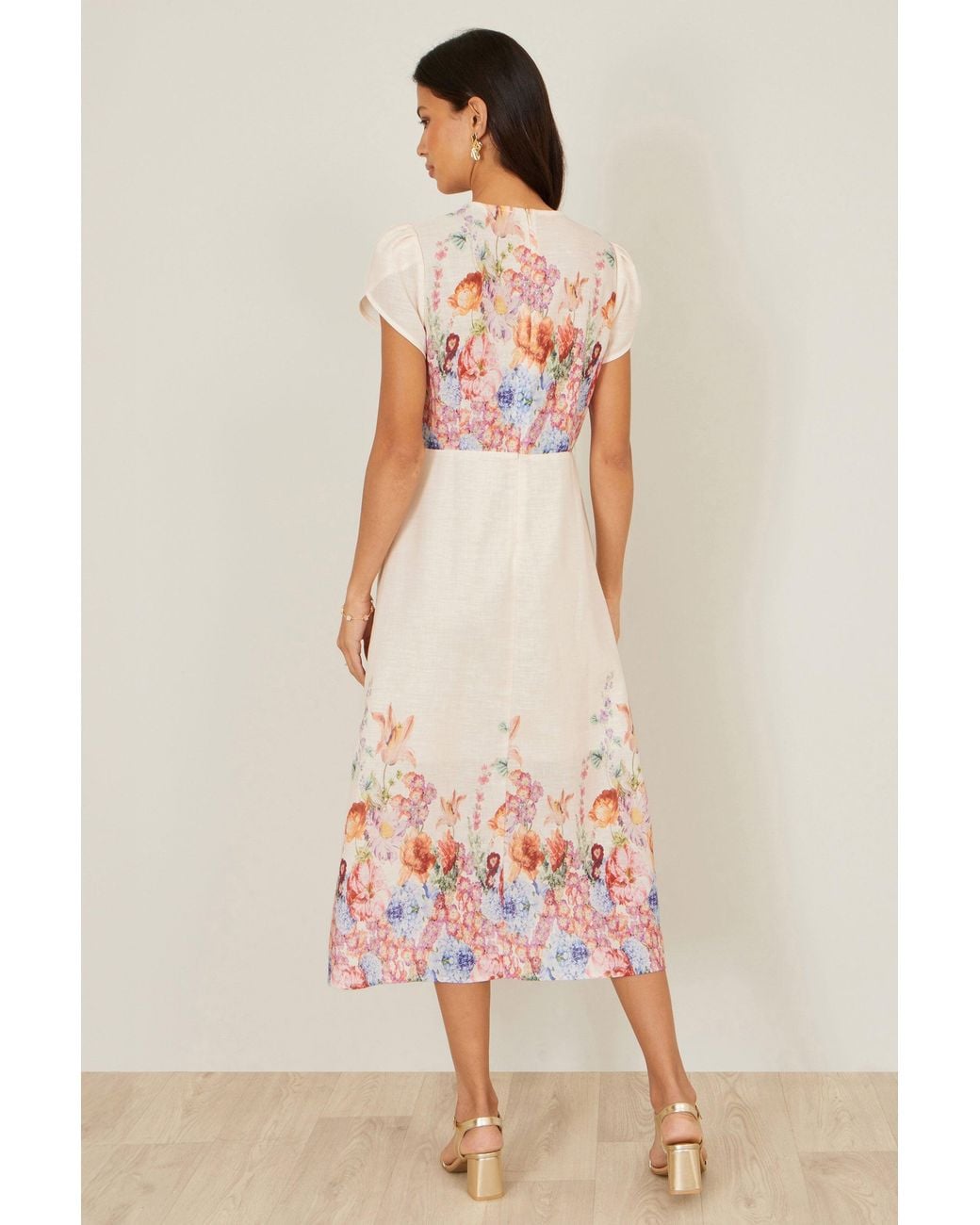 Yumi' Natural Border Floral Midi Dress