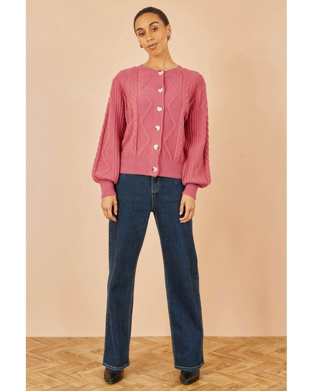 Yumi' Pink Relaxed Fit Cable Cardigan