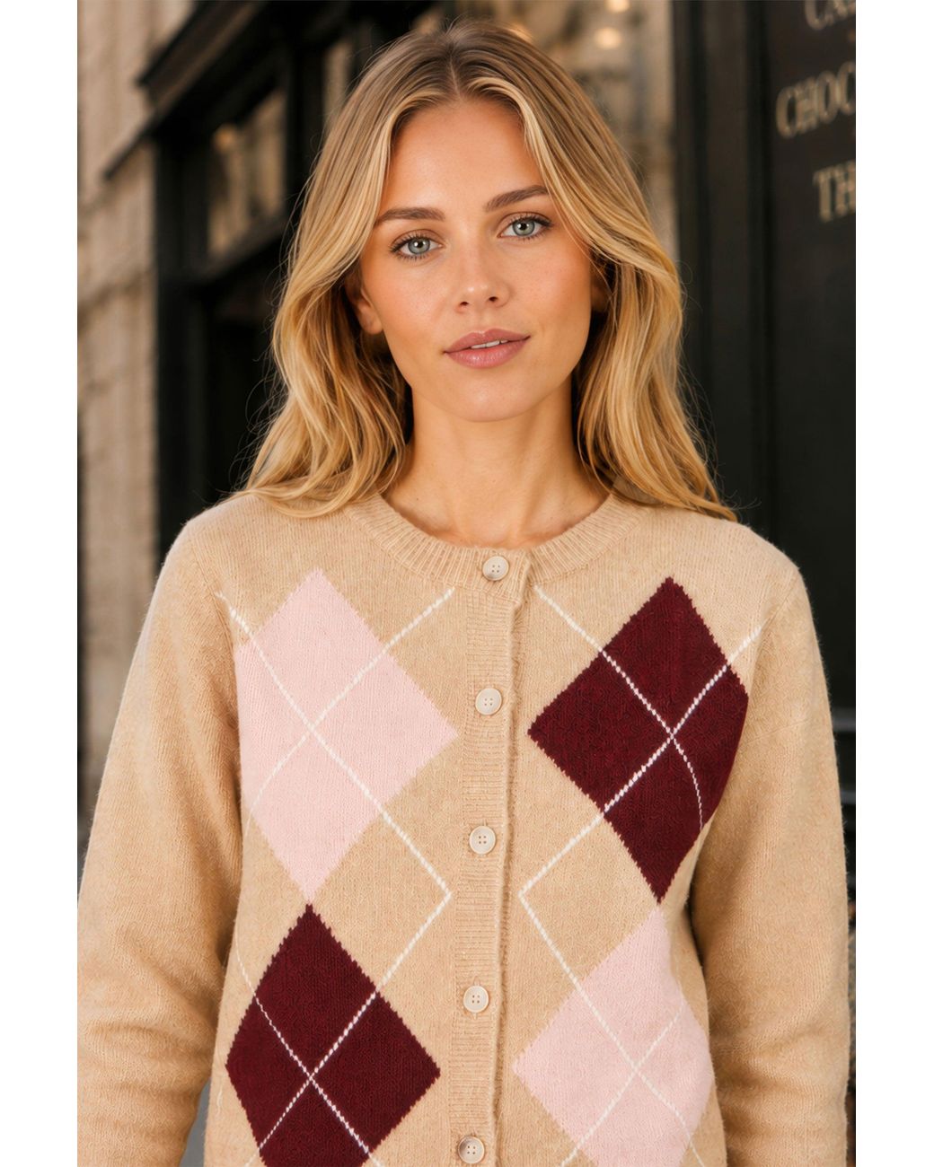 Yumi' Natural Argyll Knitted Cardigan