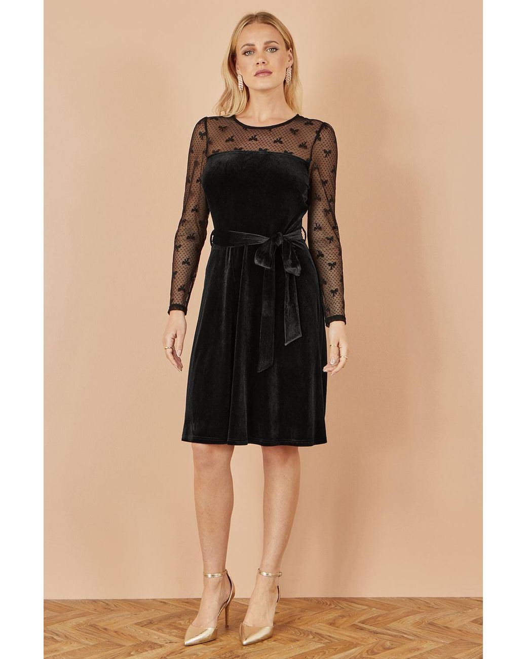 Yumi' Black Velvet Skater Dress With Mesh Bow Sleeves