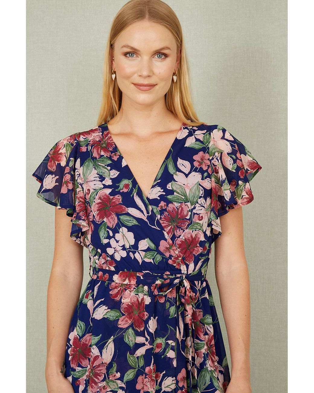 Yumi' Blue Floral Wrap Midi Dress With Frill Hem