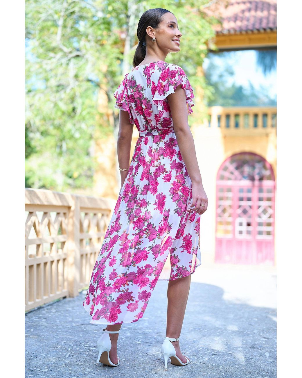 Yumi' Blue Floral Wrap Dress With Dipped Hem