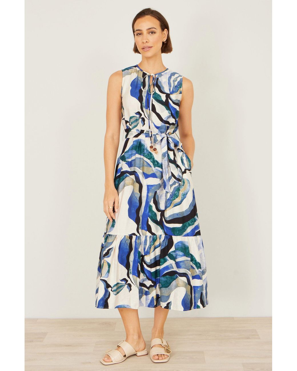 Yumi' Blue Viscose Swirl Print Midi Dress