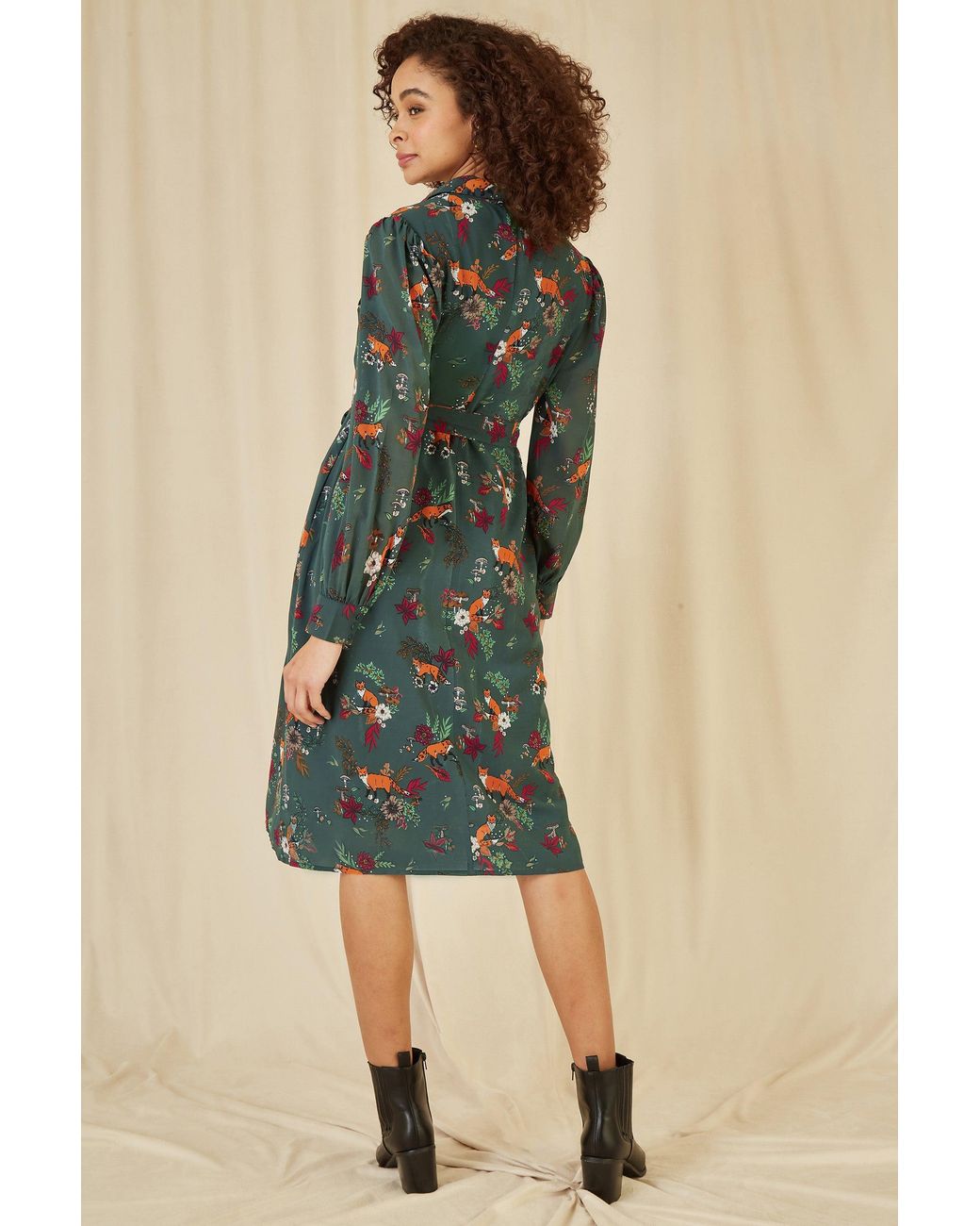 Yumi' Blue Recycled Fox Print Shirt Midi Dress