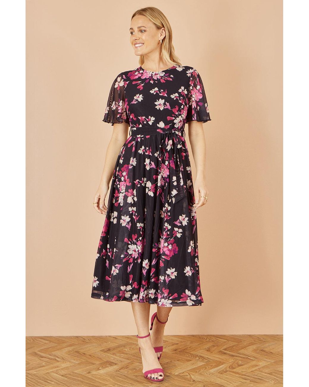Yumi' Black Mesh Skater Floral Midi Dress