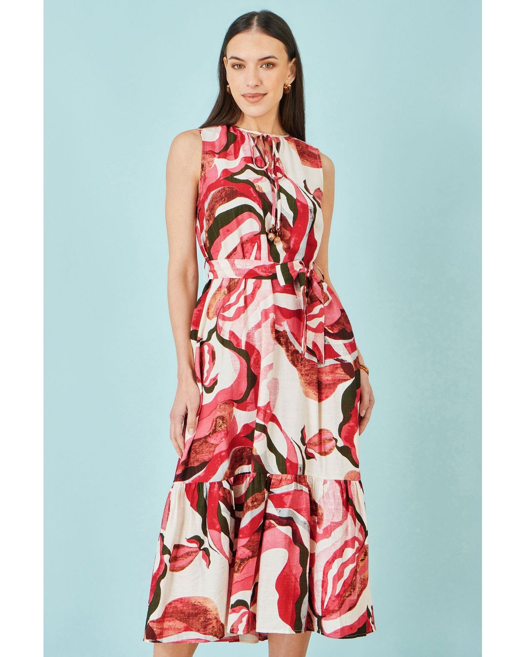 Yumi' Red Viscose Swirl Print Midi Dress