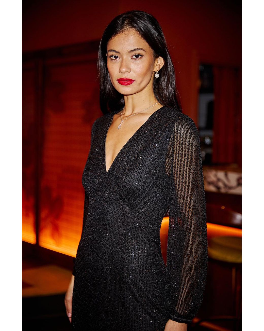 Yumi' Red Sequin Long Sleeve Midi Dress