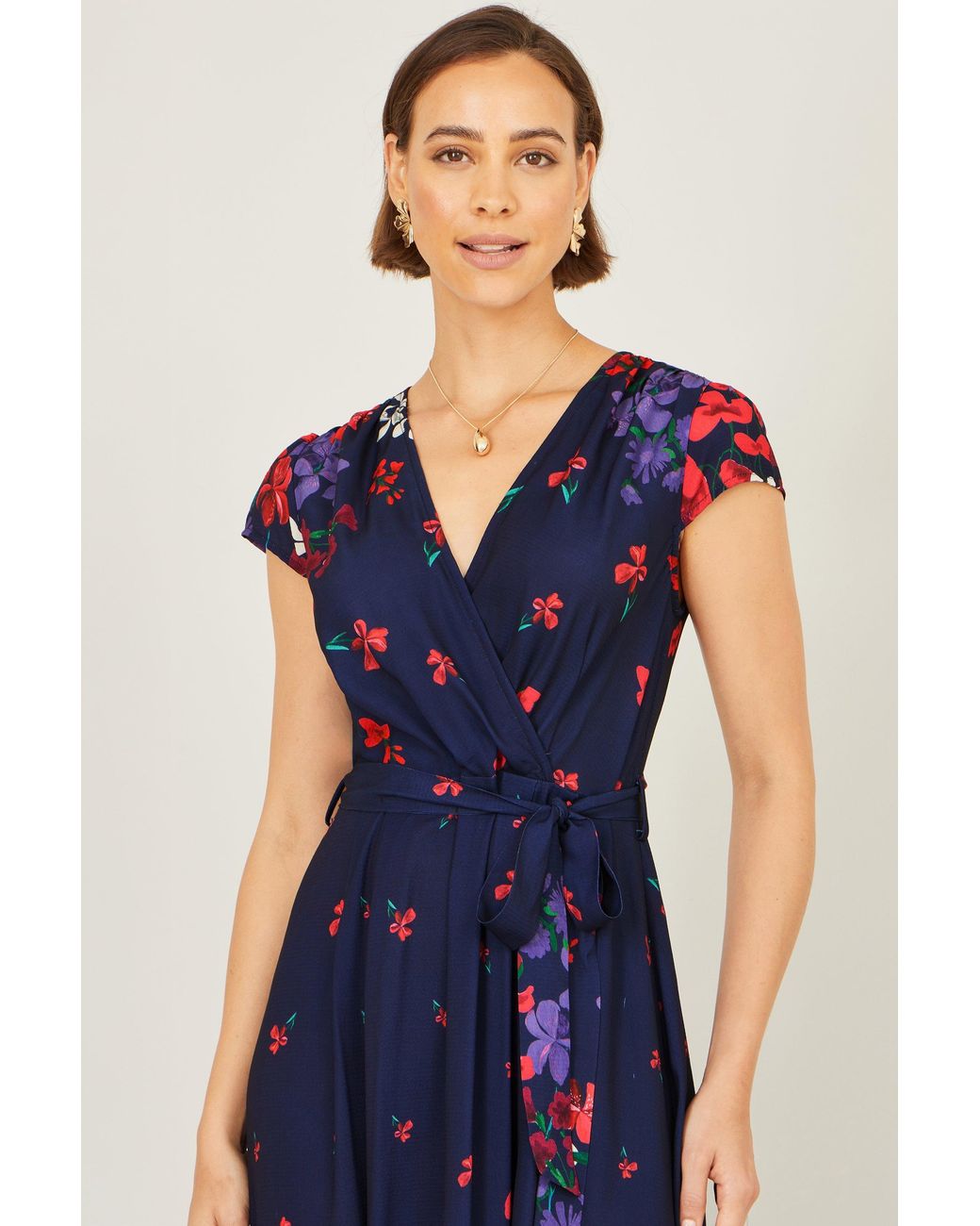 Yumi' Blue Floral Mirror Wrap Dress With Dip Hem