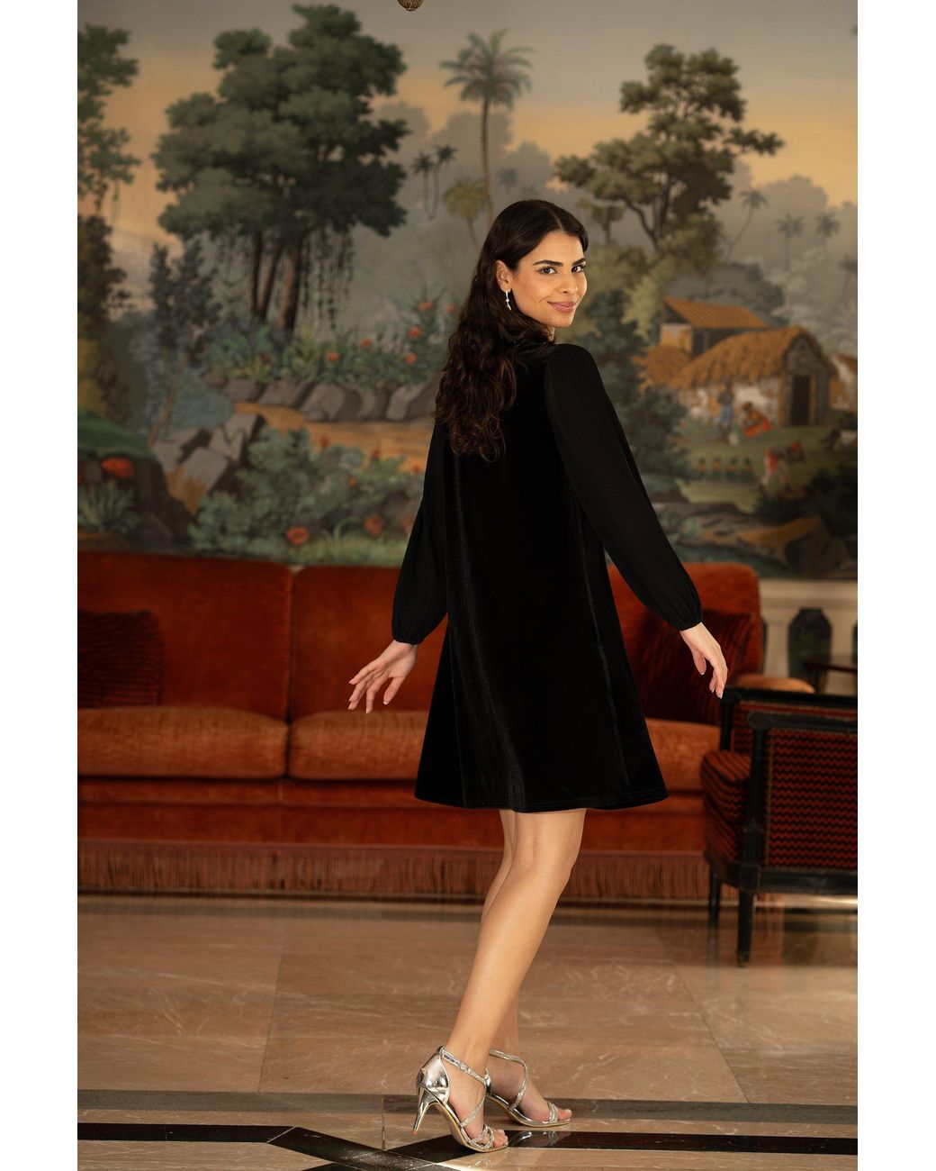 Yumi' Black Velvet Tunic Dress With Pleated Balloon Sleeves And Tie Back
