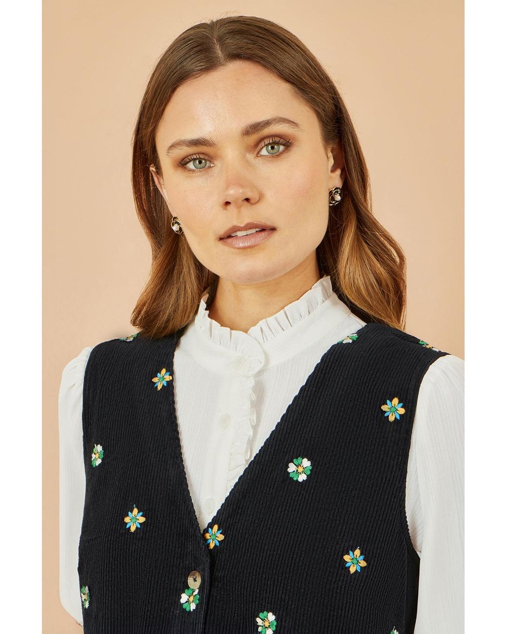 Yumi' Black Flower Embroidered Button Up Pinafore Dress