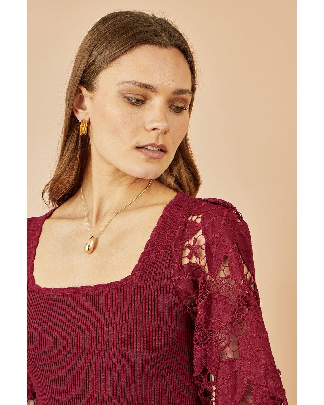 Yumi' Red Ribbed Knitted Top With Lace Sleeves