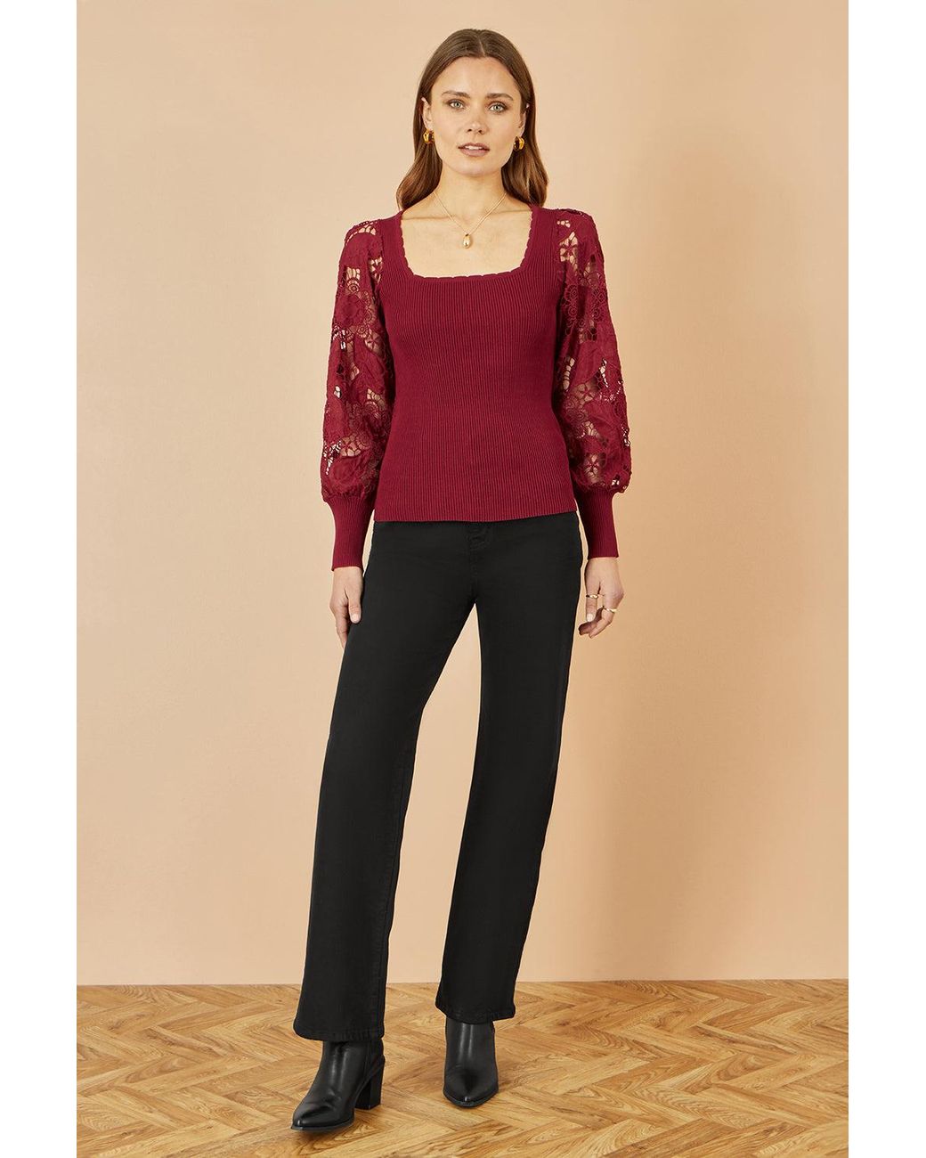 Yumi' Red Ribbed Knitted Top With Lace Sleeves