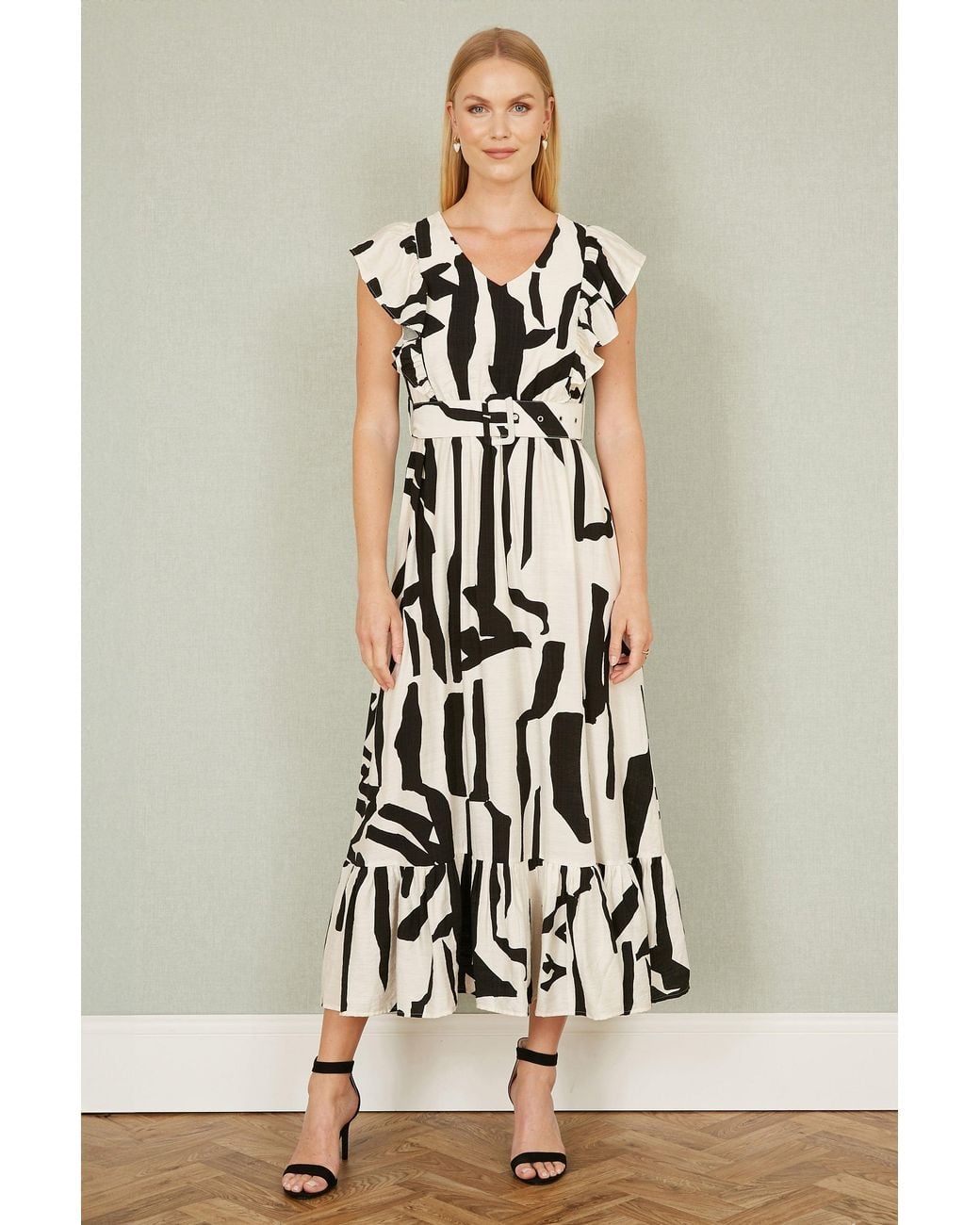 Yumi' White Ivory Abstract Print Viscose Midi Dress With Matching Belt