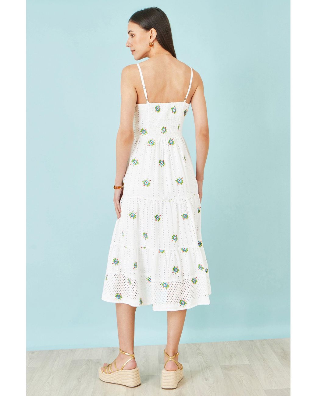 Yumi' Blue Cotton Embroidered Broderie Anglaise Midi Sun Dress