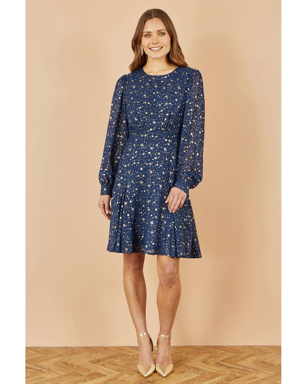 Yumi' Blue Star Print Foil Long Sleeve Dress