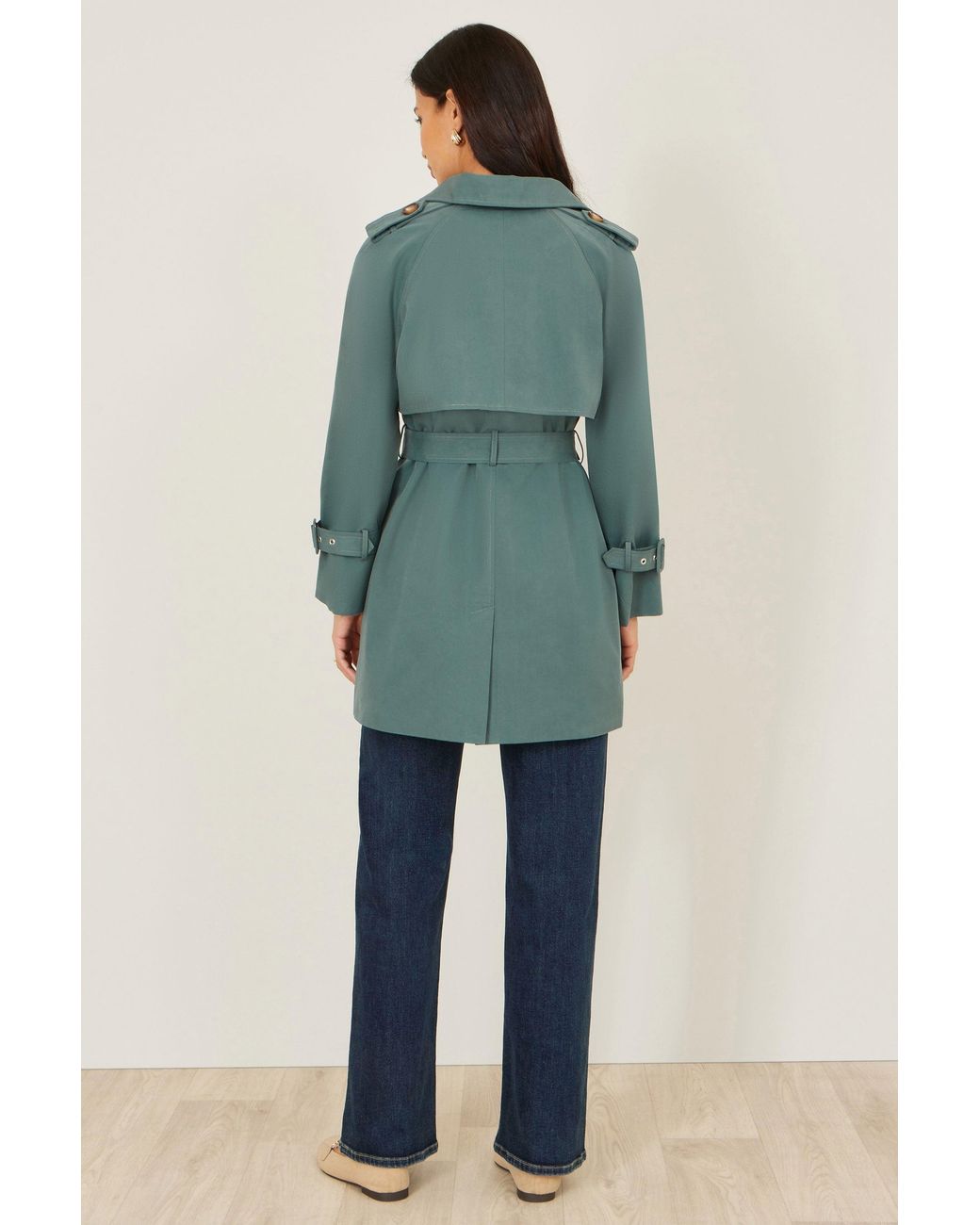 Yumi' Green Belted Trench Coat With Check Lining